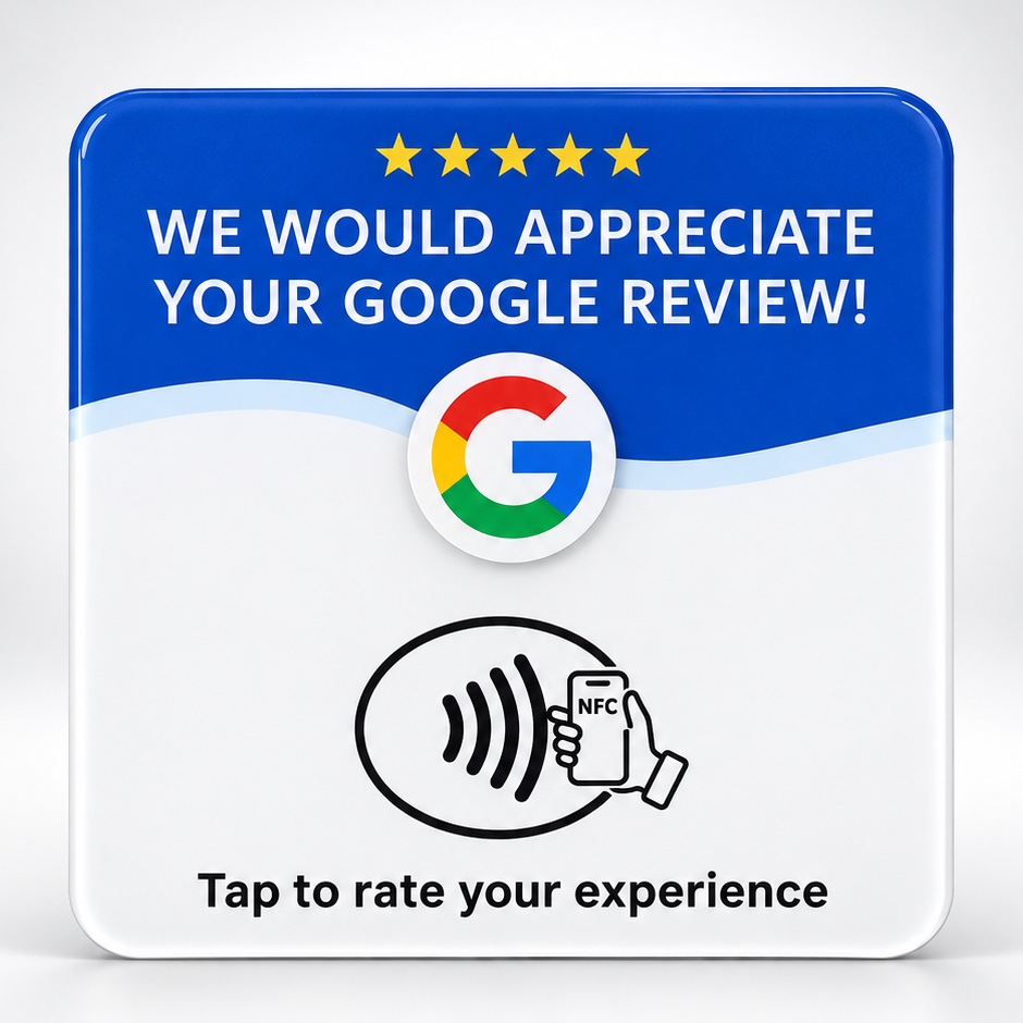 CloseCraft NFC Google review tag — a customer taps their phone to leave a Google review